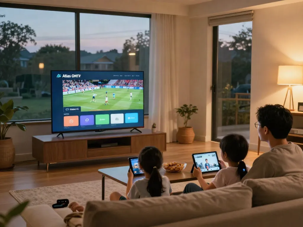 Téléchargement de l'application atlas pro ONTV dans un salon familial, avec télévision connectée et ambiance chaleureuse.