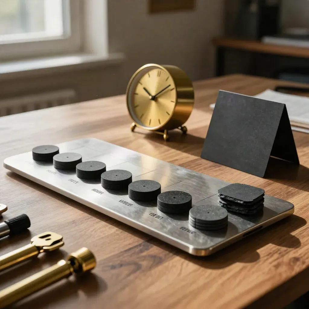 Objets de facilitation projet sur une grande table en bois, lumière chaude et ambiance feutrée.