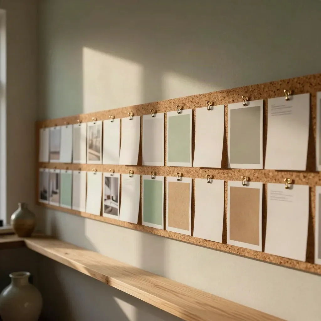 Mur atelier avec rail en liège, vignettes d’images et cartes de contenu en sauge.
