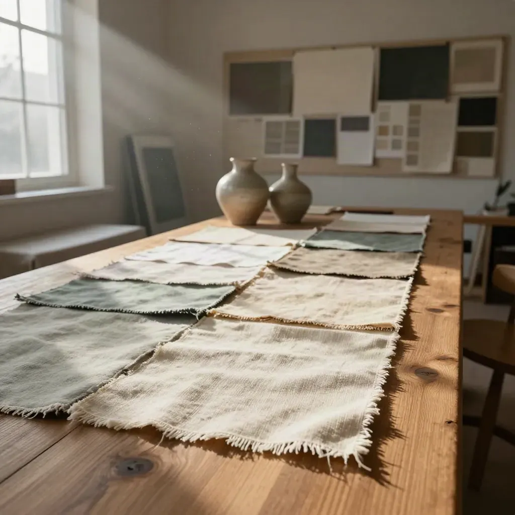 Atelier Maison Collab avec table en chêne, échantillons textiles et lumière du matin.