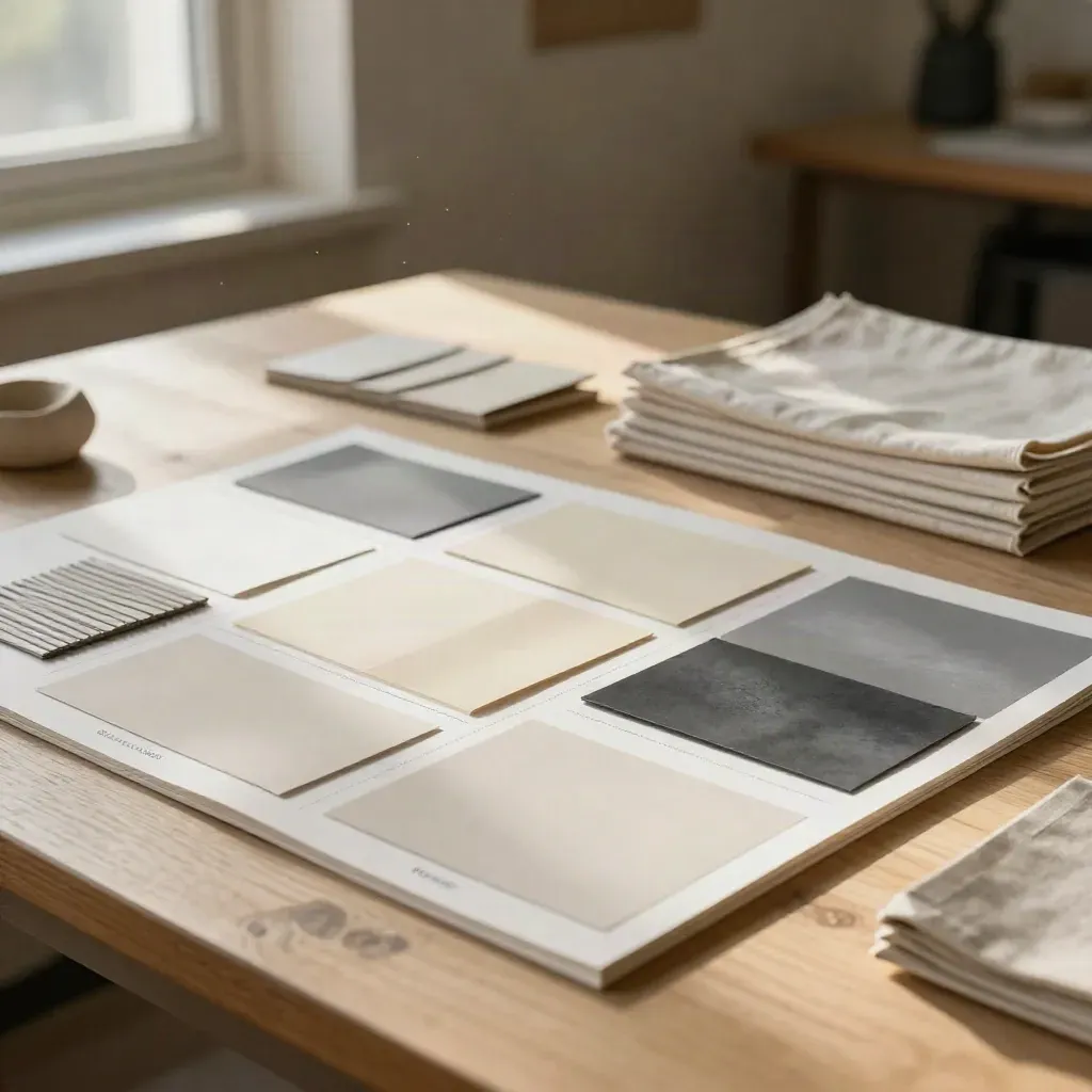 Atelier de marque avec moodboard, swatches, maquette en argile et piles de références.