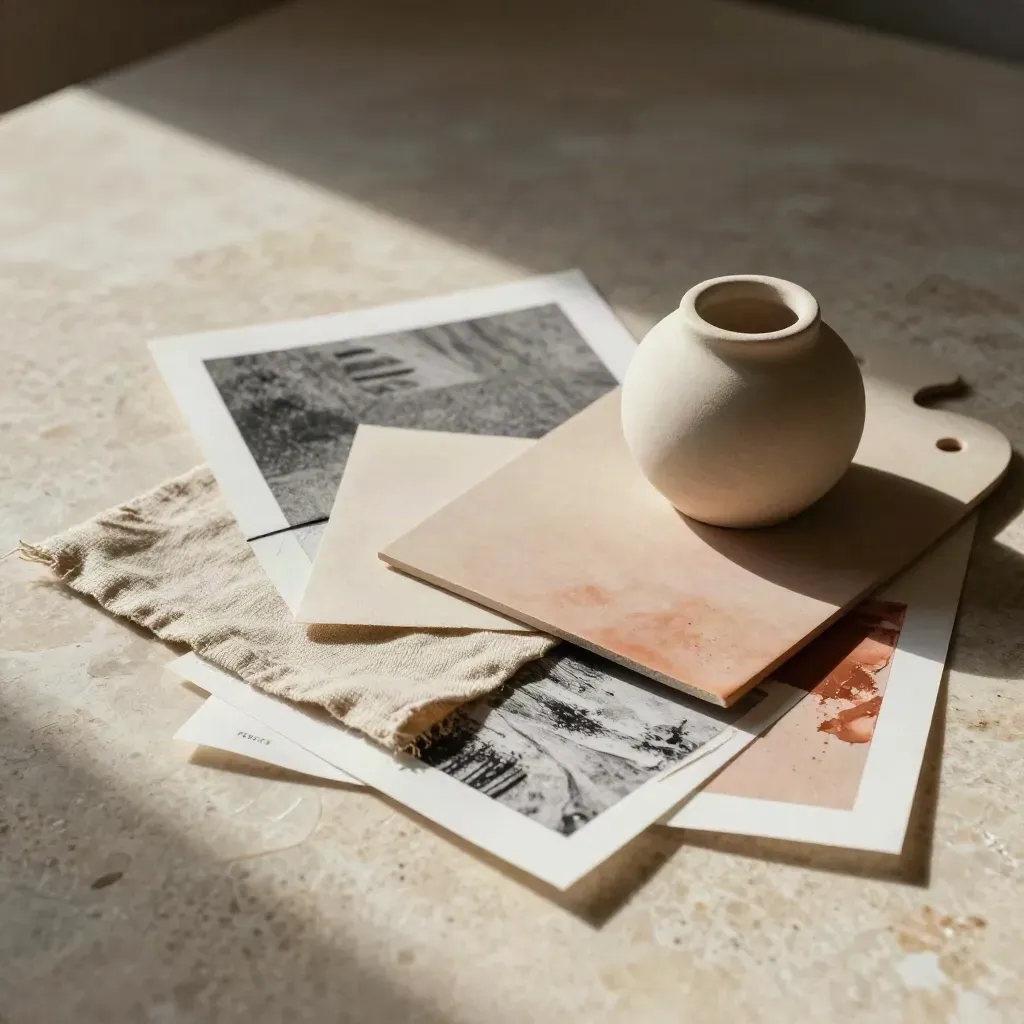 Échantillons de lin, nuanciers et épreuves imprimées autour d’un objet en céramique terracotta.