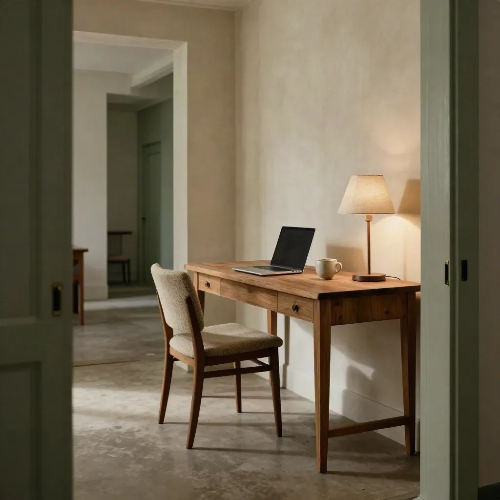 Poste de coworking calme avec chaise en laine, bureau en chêne et lampe en lin.