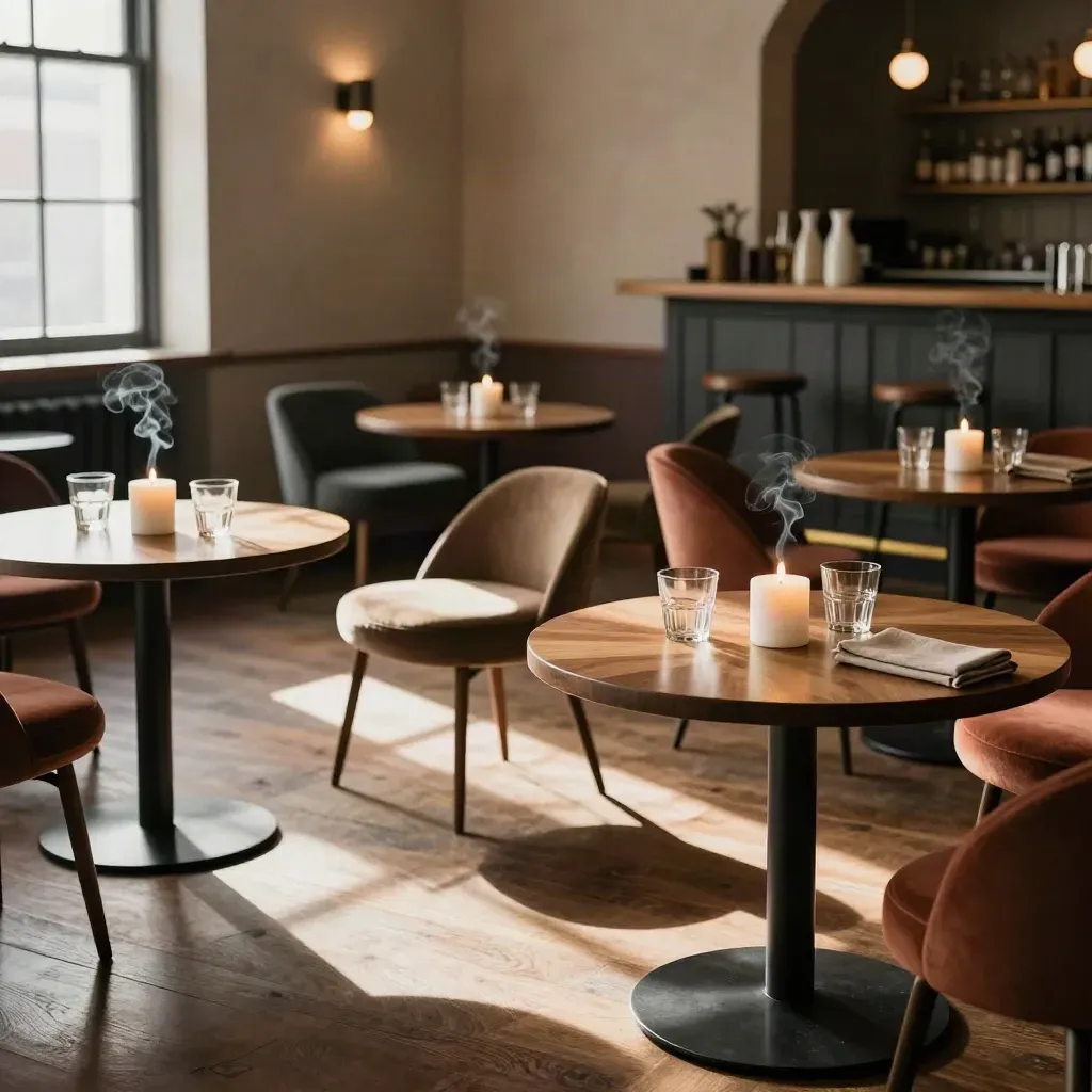Salle de networking vide avec petites tables cocktail, verres, bougies et serviettes en lin, lumière chaude.