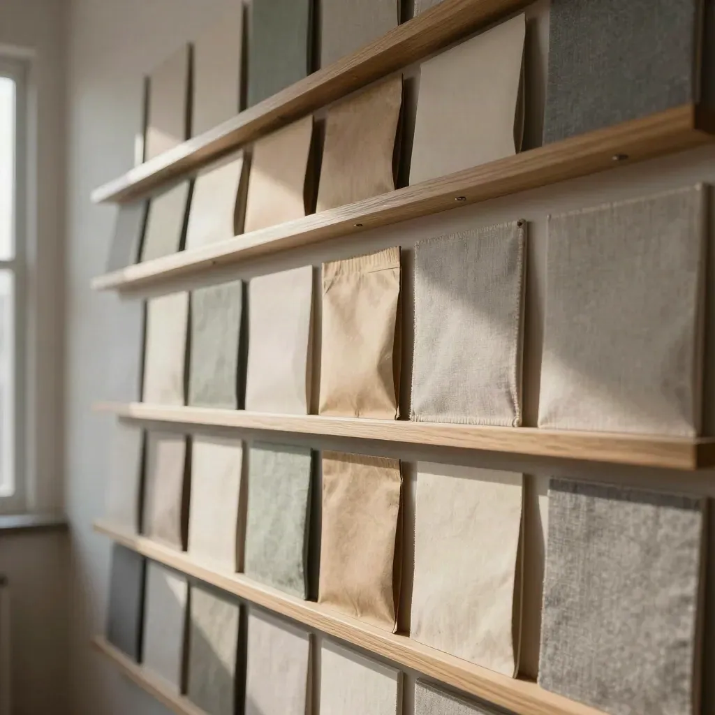 Mur éditorial de contenus avec échantillons sauge, enveloppes kraft et tuiles image sur étagères.