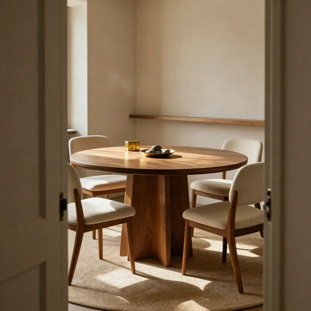 Salle de réunion apaisée avec table ronde en chêne, chaises rangées et lumière dorée.