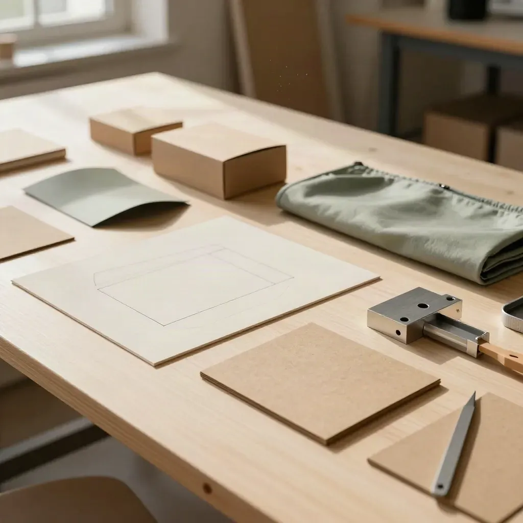 Banc d’atelier parisien avec maquettes d’emballage, mousse et outils neutres sous lumière douce