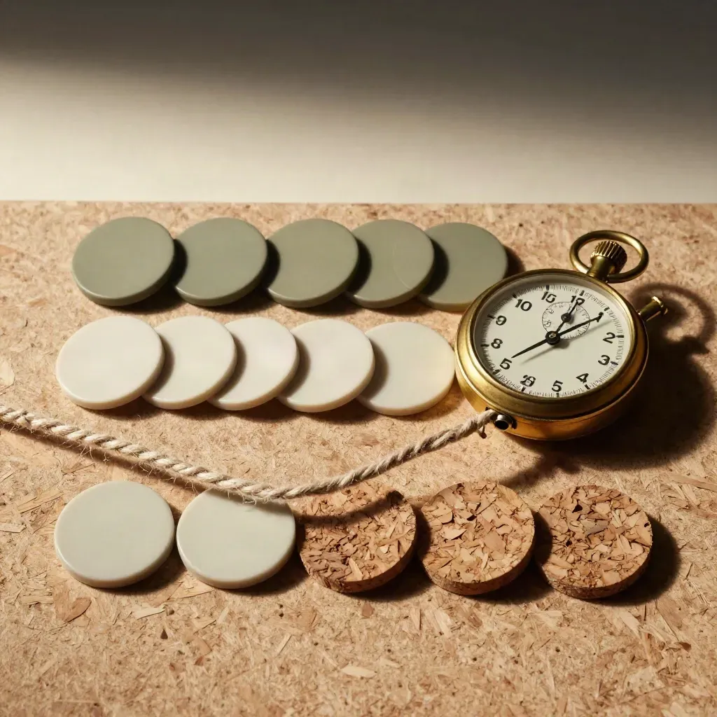 Gros plan de jetons, chronomètre en laiton, liège et cordon alignés sur feutre olive.