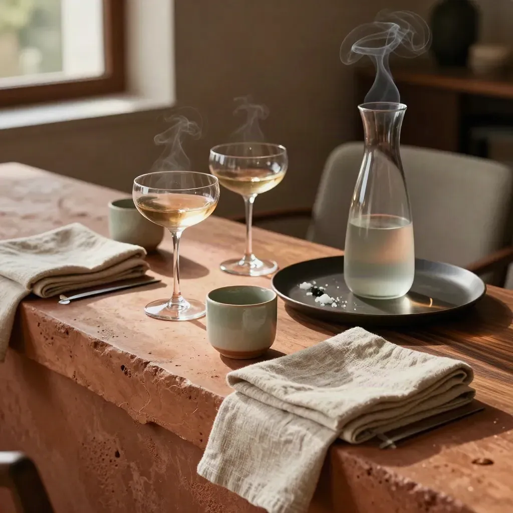 Carafe fumée, coupes et tasses en céramique sur plateau sombre, ambiance chaude.