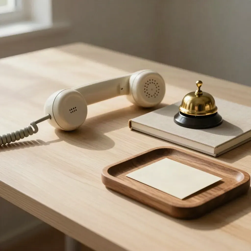 Téléphone à fil, cloche en laiton, carnet fermé et carte sur plateau de noyer, lumière douce.