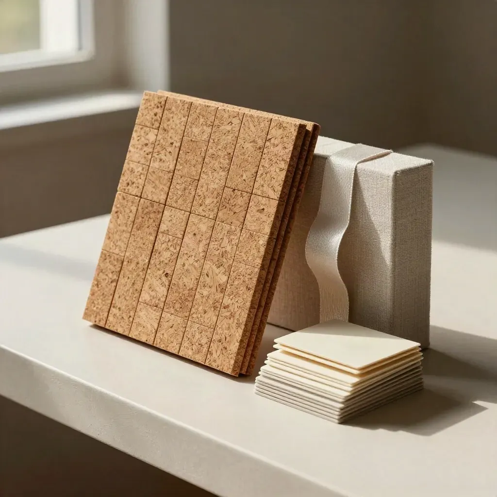 Gros plan en biais de tuiles en liège, blocs liés et onglets modulaires sur un plan en plâtre crème.