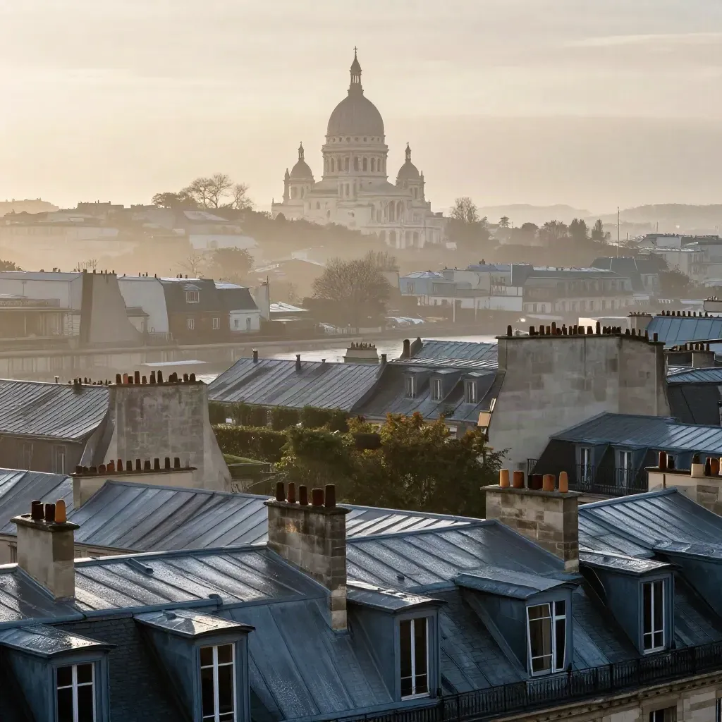 Toits parisiens mouillés et basilique lointaine dans la brume de l’aube, ciel calme pour le texte.