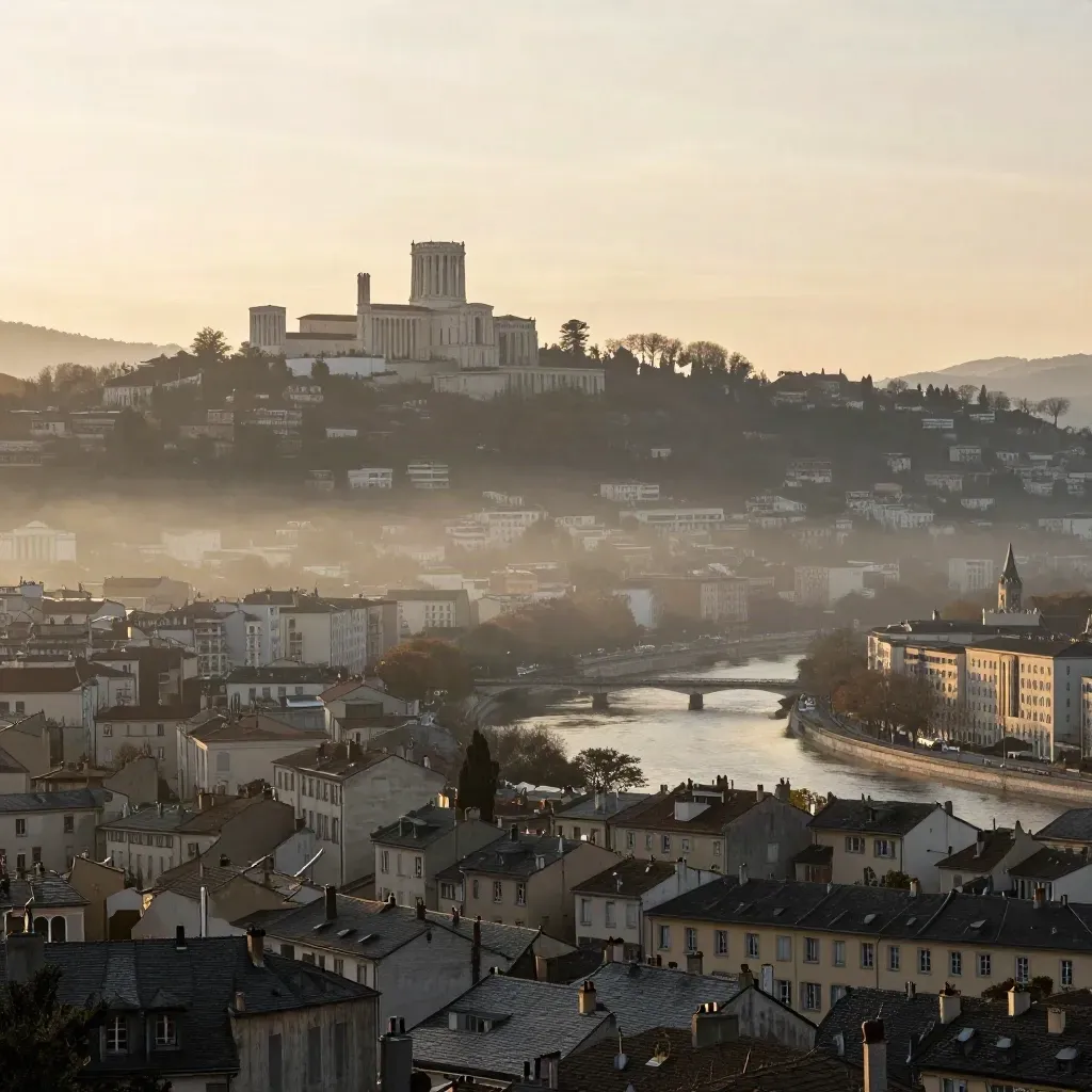 Vue matinale de Lyon et de Fourvière dans le brouillard, avec la Saône en contrebas.