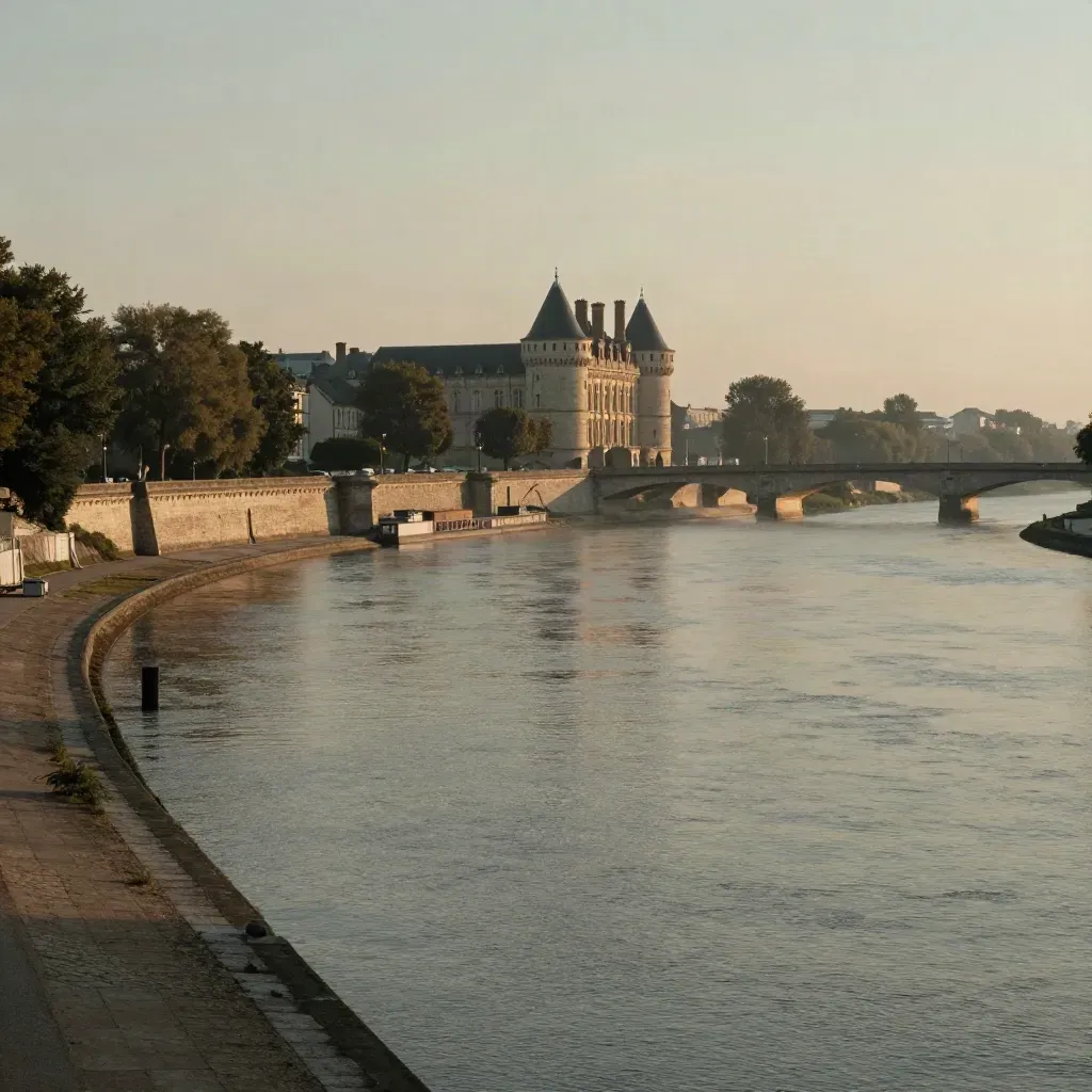 Vue crépusculaire de Nantes sur la Loire, château en silhouette, brume et quai calme.