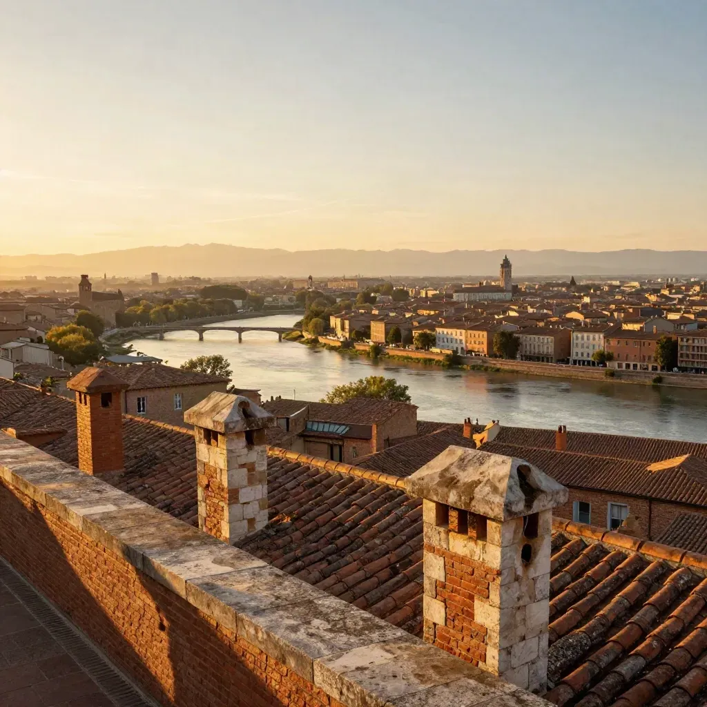 Vue de Toulouse au coucher du soleil, toits en brique rose, Garonne et Pyrénées lointaines.